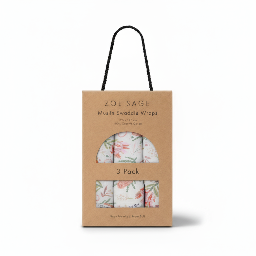 Organic cotton muslin swaddle three pack in gumnut blossom design by Zoe Sage