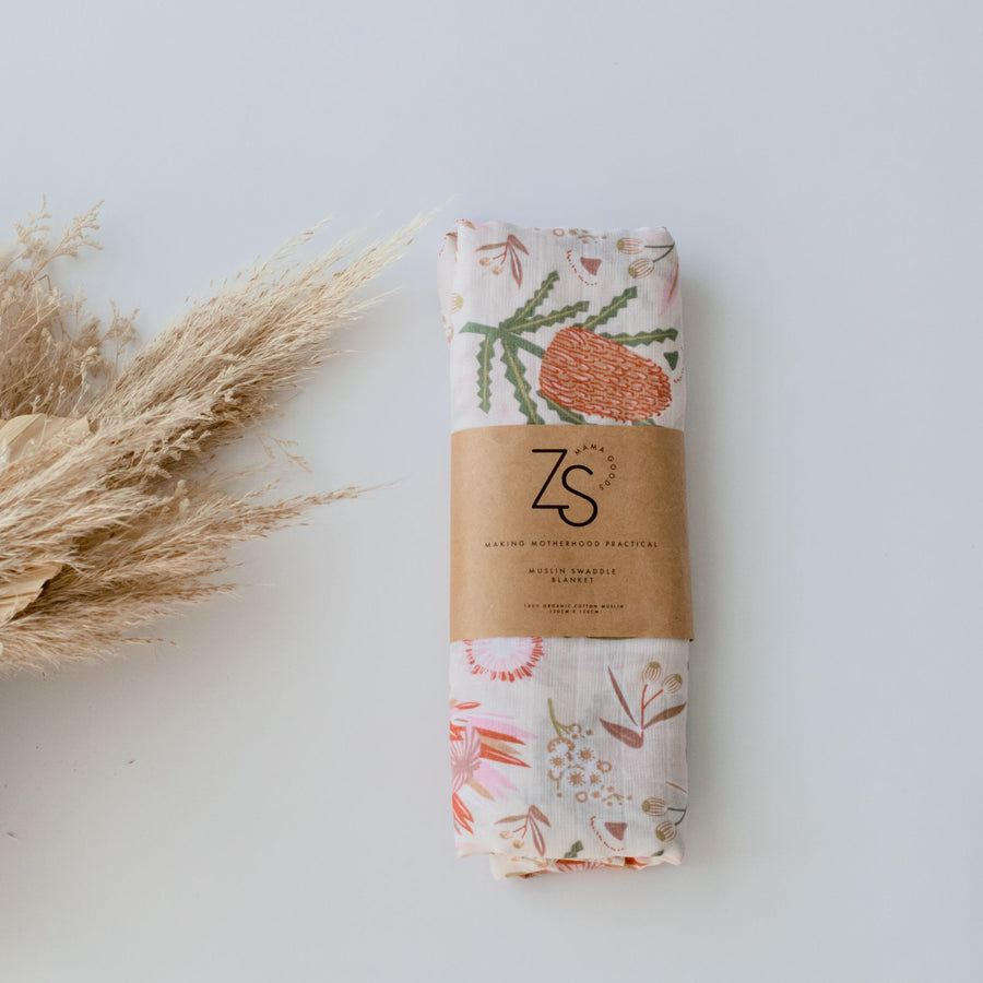 Organic Cotton Muslin Swaddle Wrap - Gumnut Blossoms