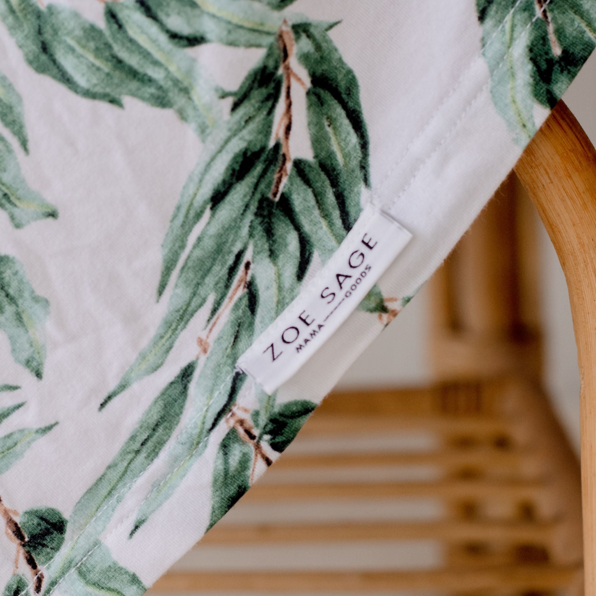 Blue Gum Leaf stretchy baby swaddle wrap packaging detail shot