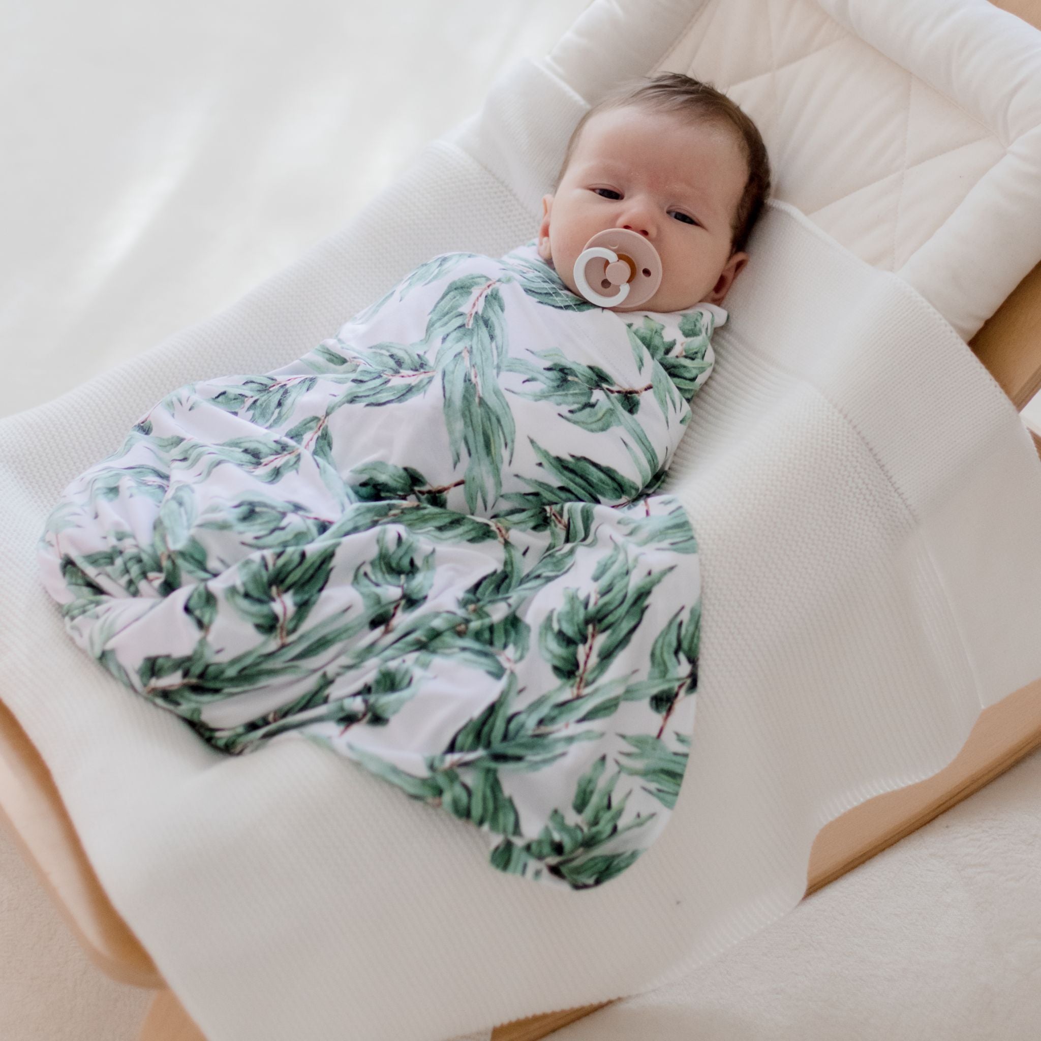 Blue gum leaf stretchy baby swaddle wrap by Zoe Sage