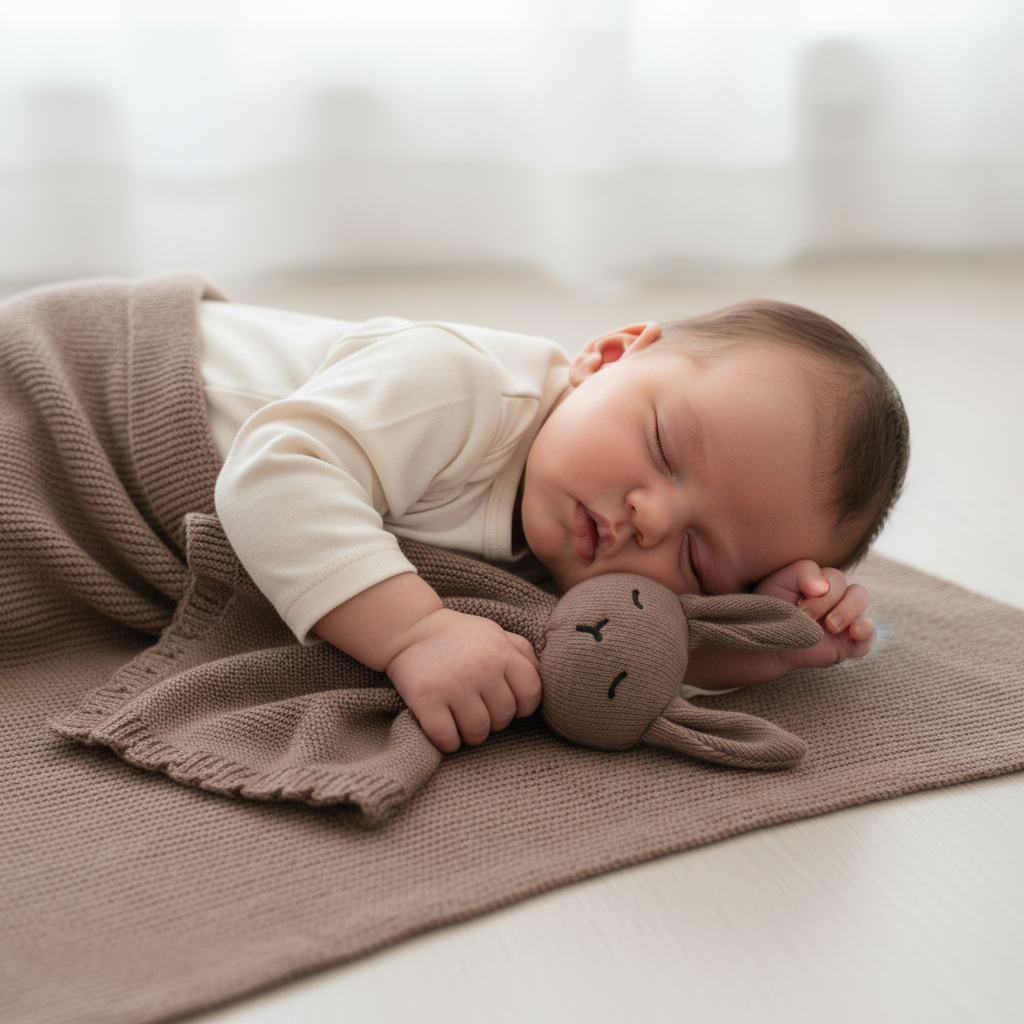 Mocha baby blanket and lovey comforter set displayed together flat lay