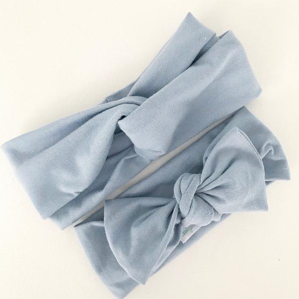 Chambray baby bow knot headband displayed on white background