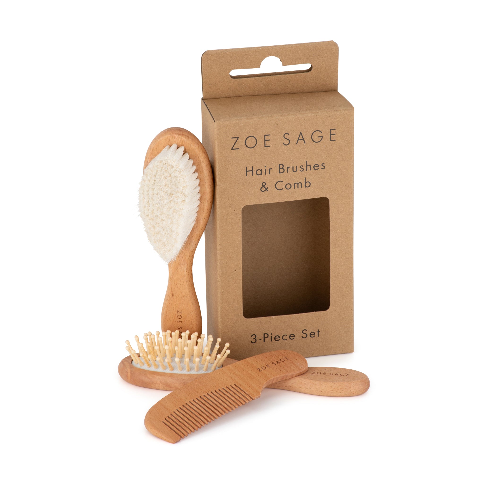 Wooden baby brush and comb set displayed in natural light