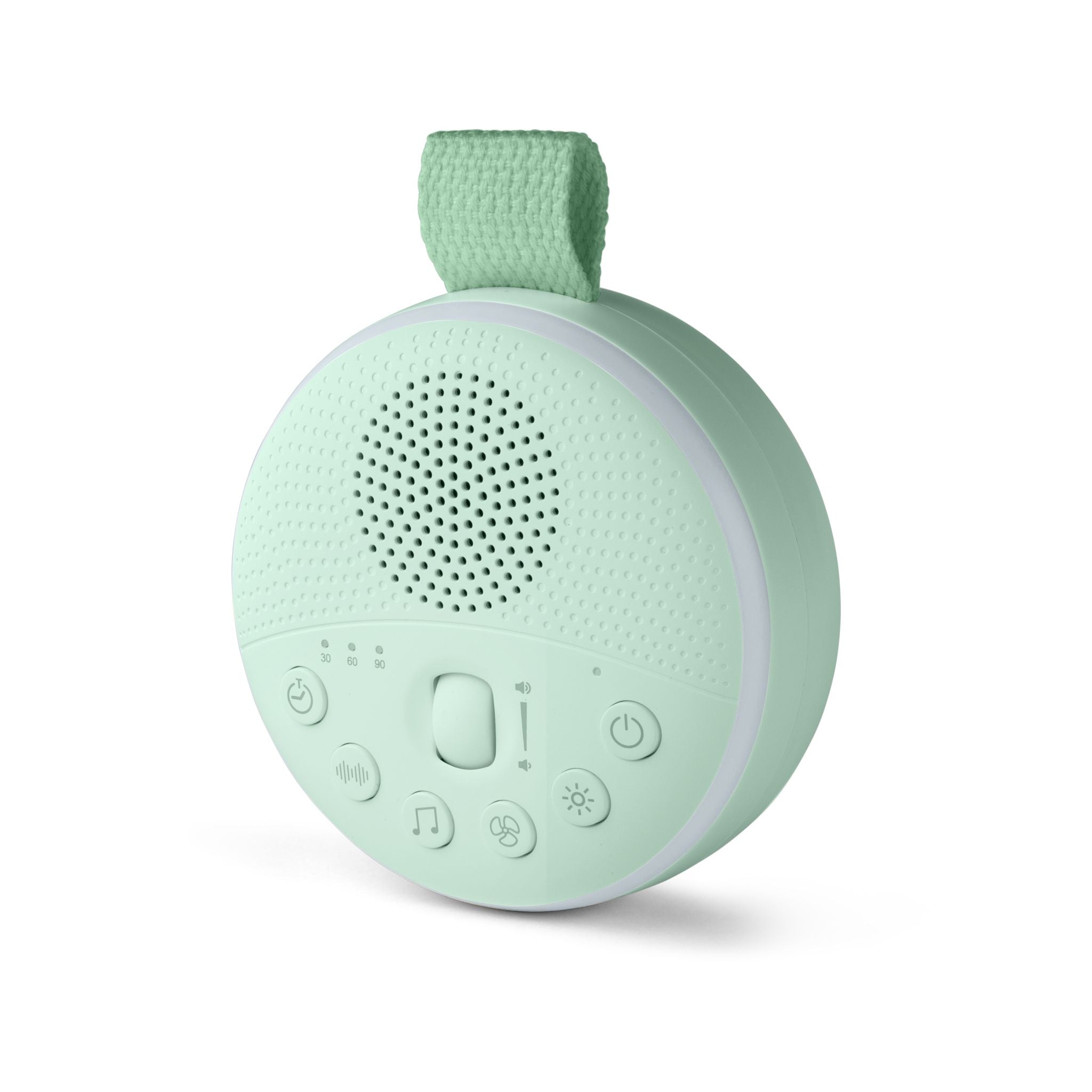 Portable white noise machine with night light in soft cove green color