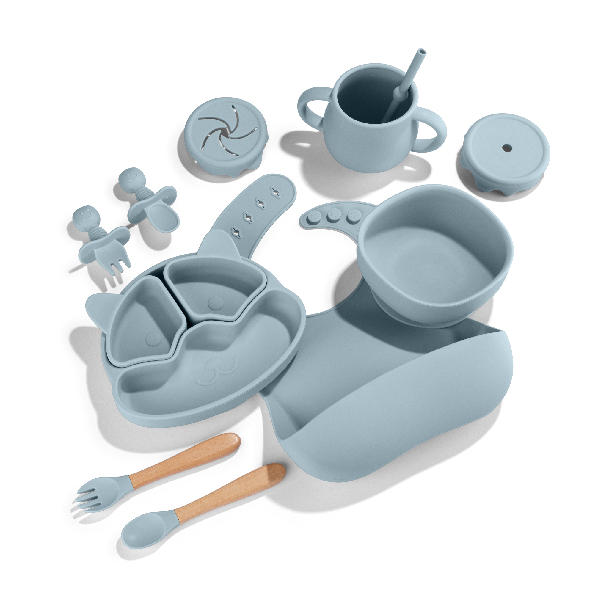 Rock blue silicone baby feeding set with eleven pieces from Zoe Sage