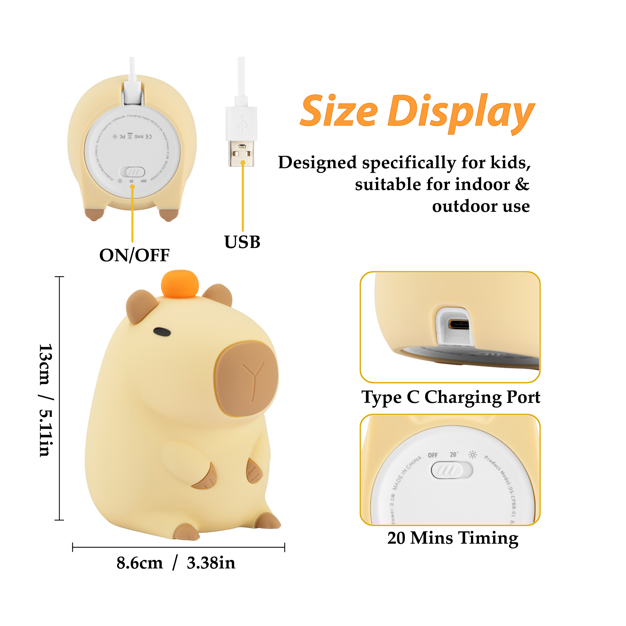 Capybara shaped LED night light with soft warm glow and touch control base.