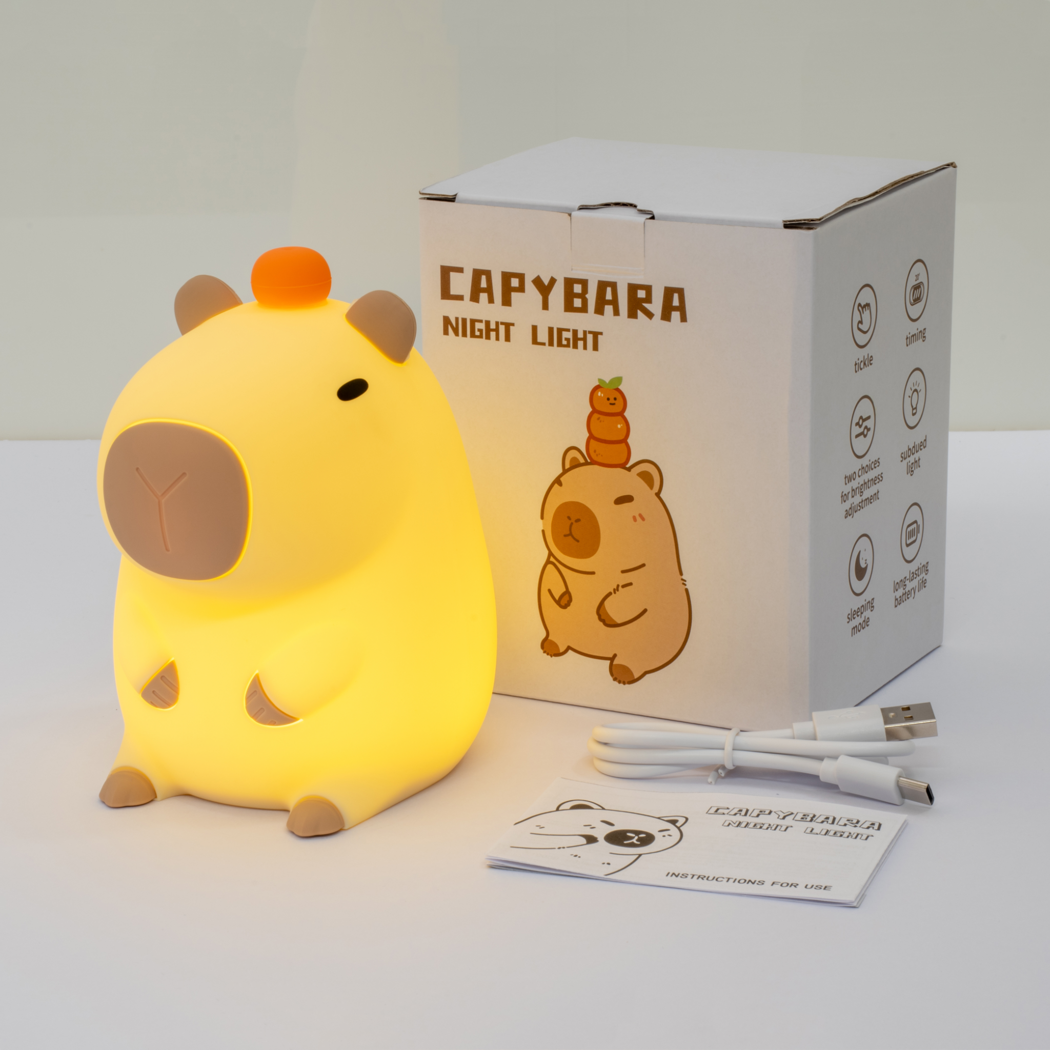 Soft capybara shaped LED night light with touch control in neutral cream tone