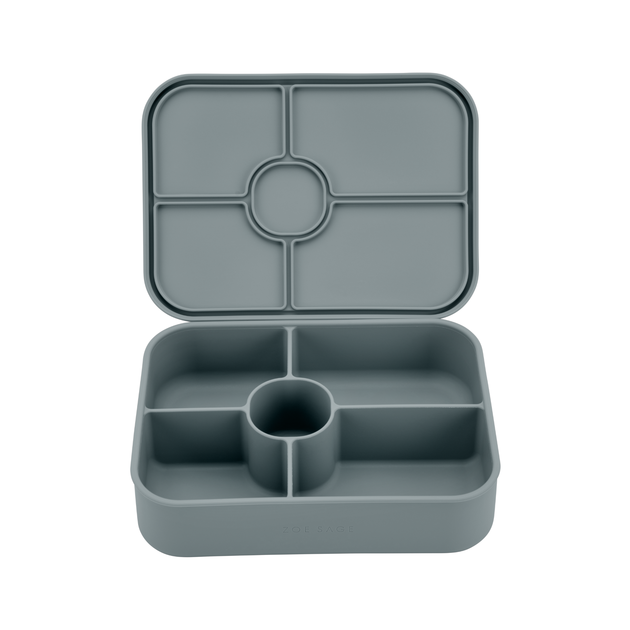 Silicone bento lunch box with five compartments in mountain mist colour