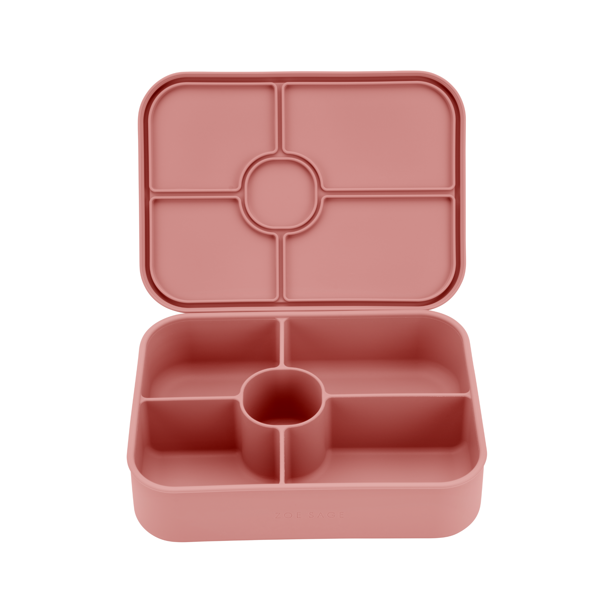 Dusty pink silicone bento lunch box with five compartments open.