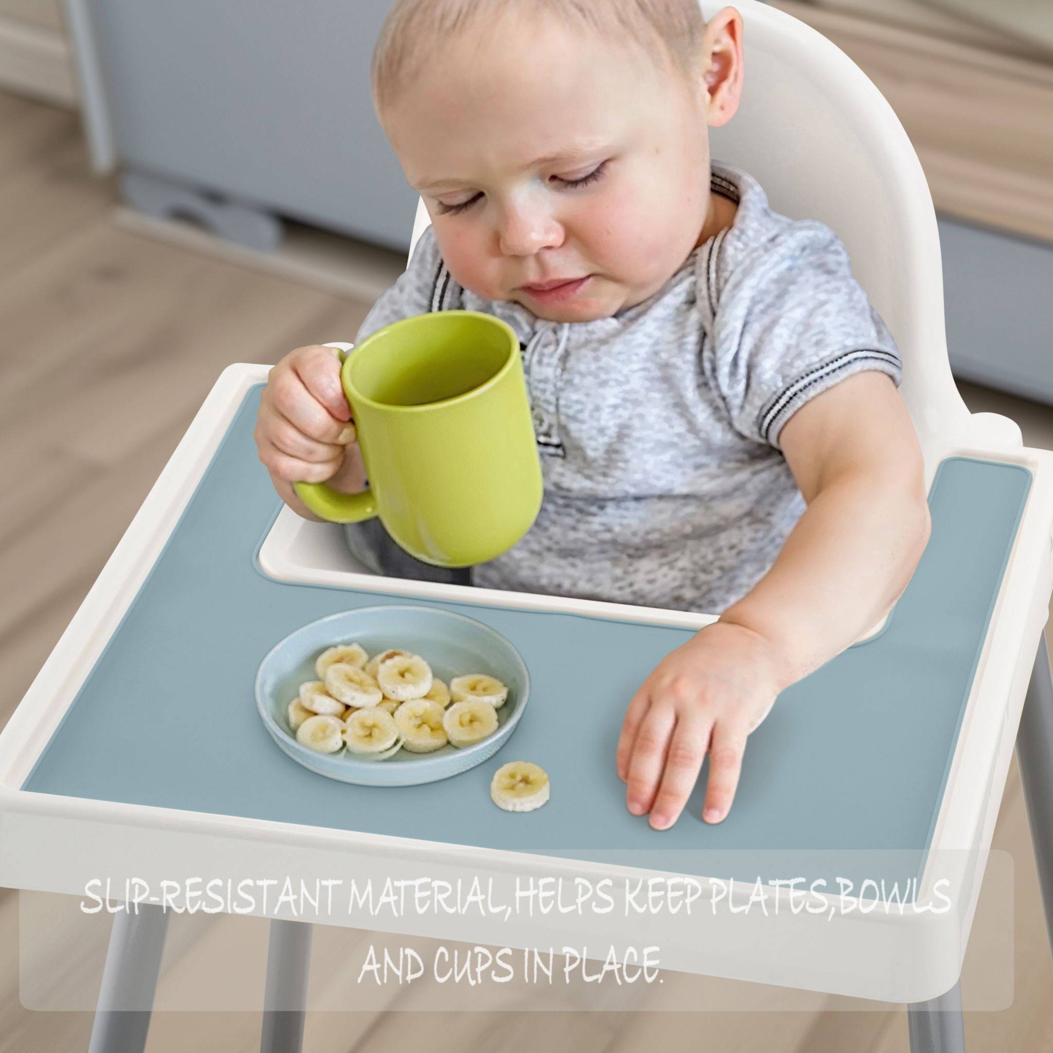 Blue silicone placemat designed to fit IKEA highchairs securely
