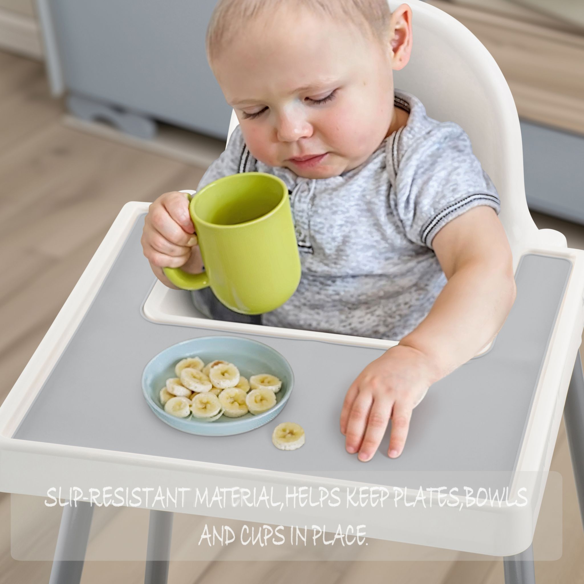 Grey silicone placemat designed to fit IKEA highchairs securely