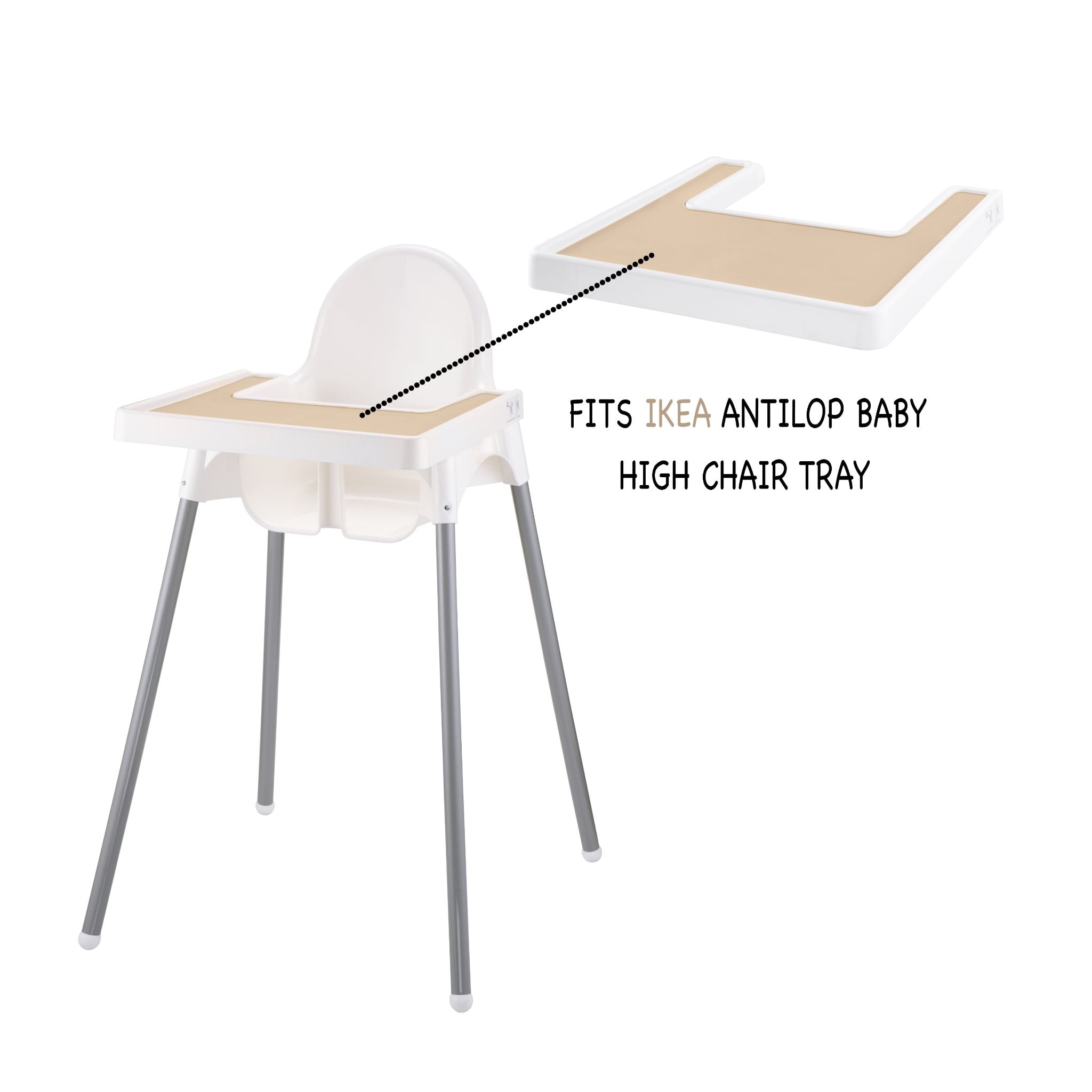 Beige silicone placemat attached to white IKEA highchair for baby feeding