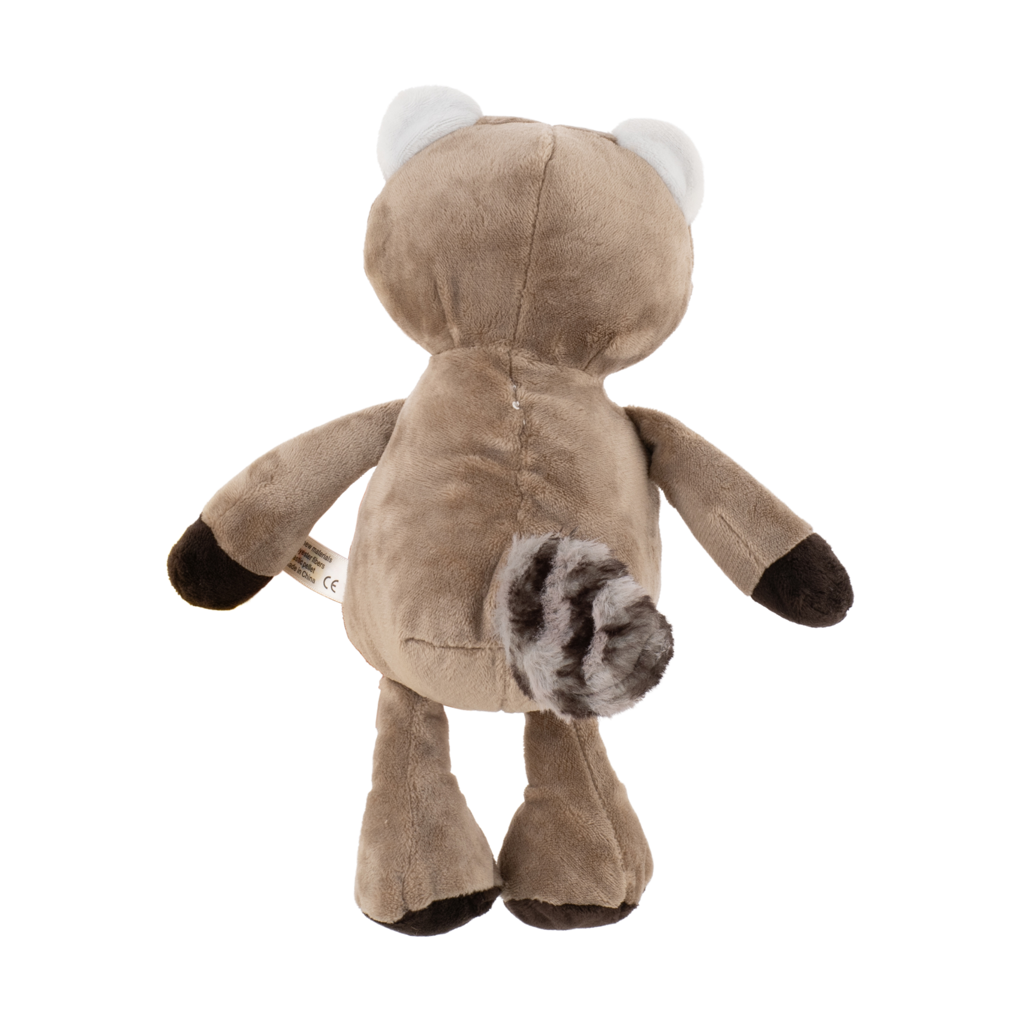 Soft grey plush raccoon toy nestled in child's arms during playtime