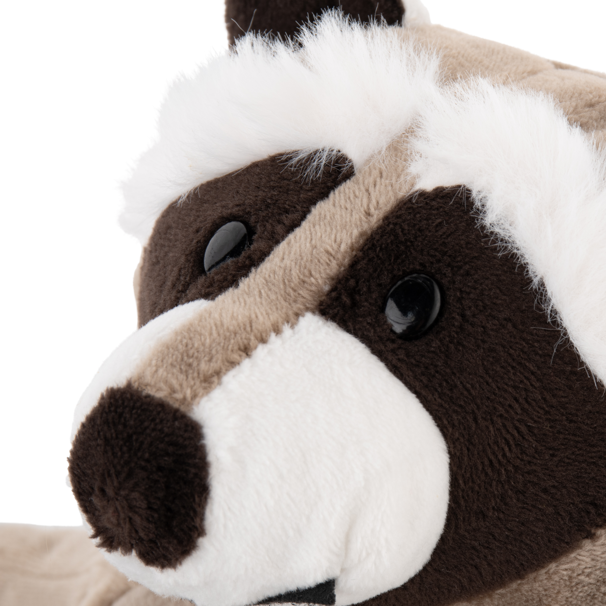 Soft plush grey and black raccoon toy with embroidered facial features for children.
