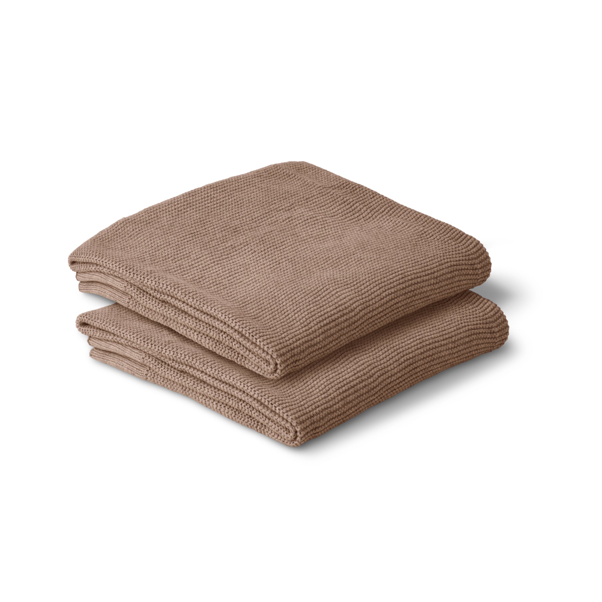 Soft mocha cotton knit baby blanket draped gently by Zoe Sage