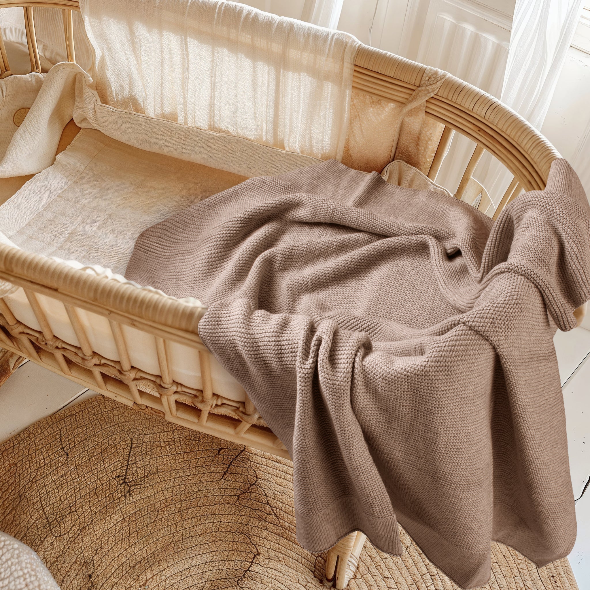 Mocha cotton knit baby blanket folded, showing soft texture and neutral tone.