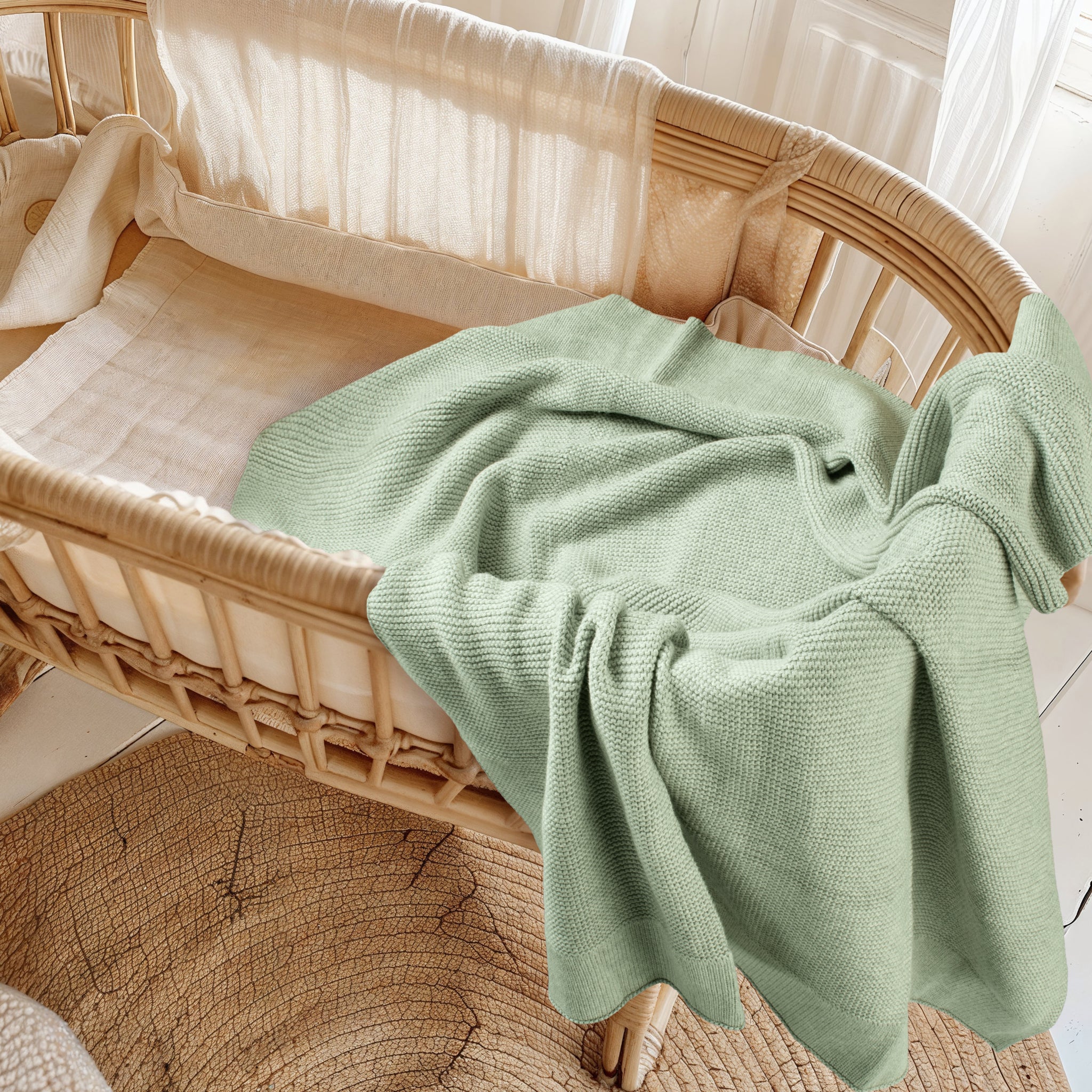 Soft cotton knit baby blanket in willow green folded display