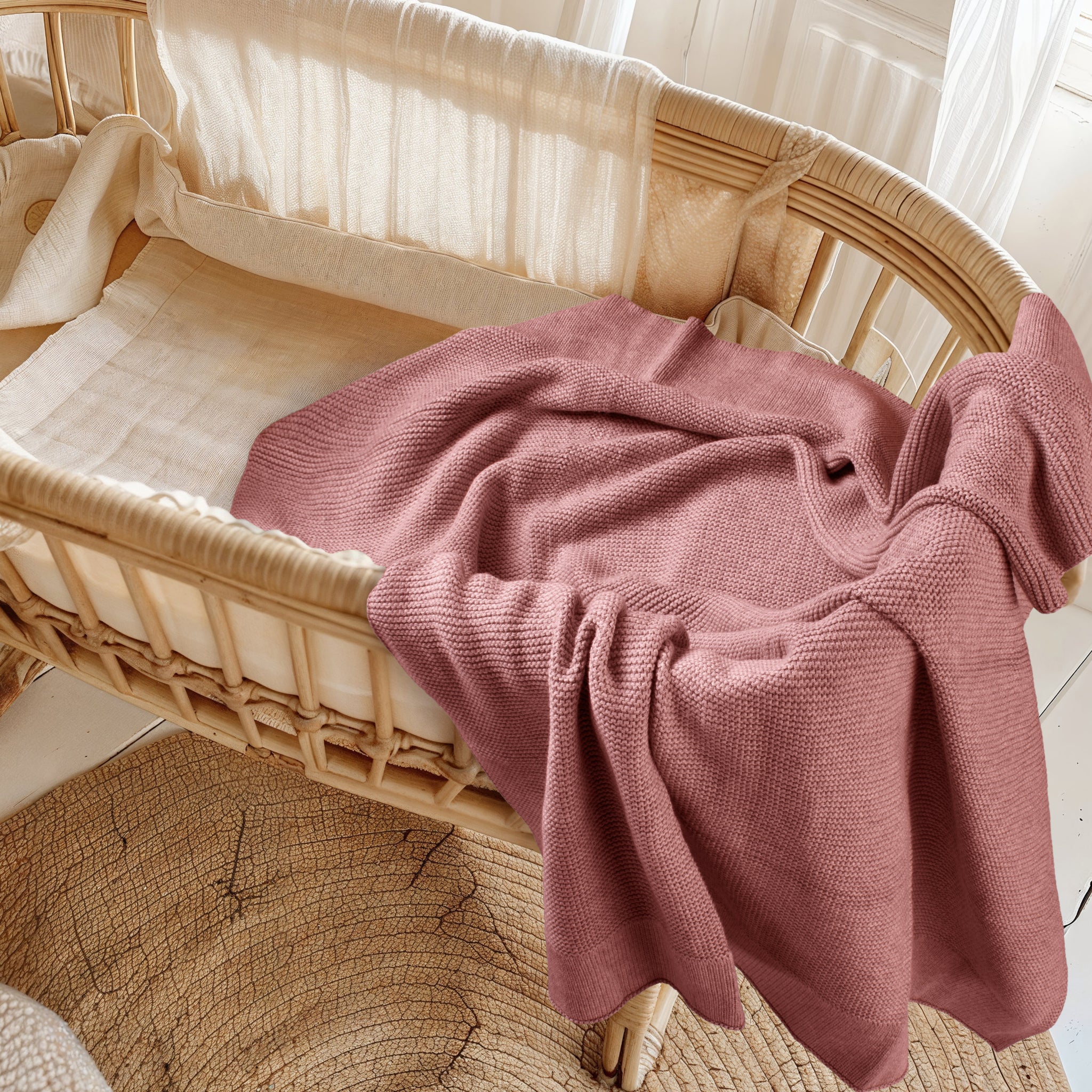 Plum cotton knit baby blanket folded showing soft texture and weave detail