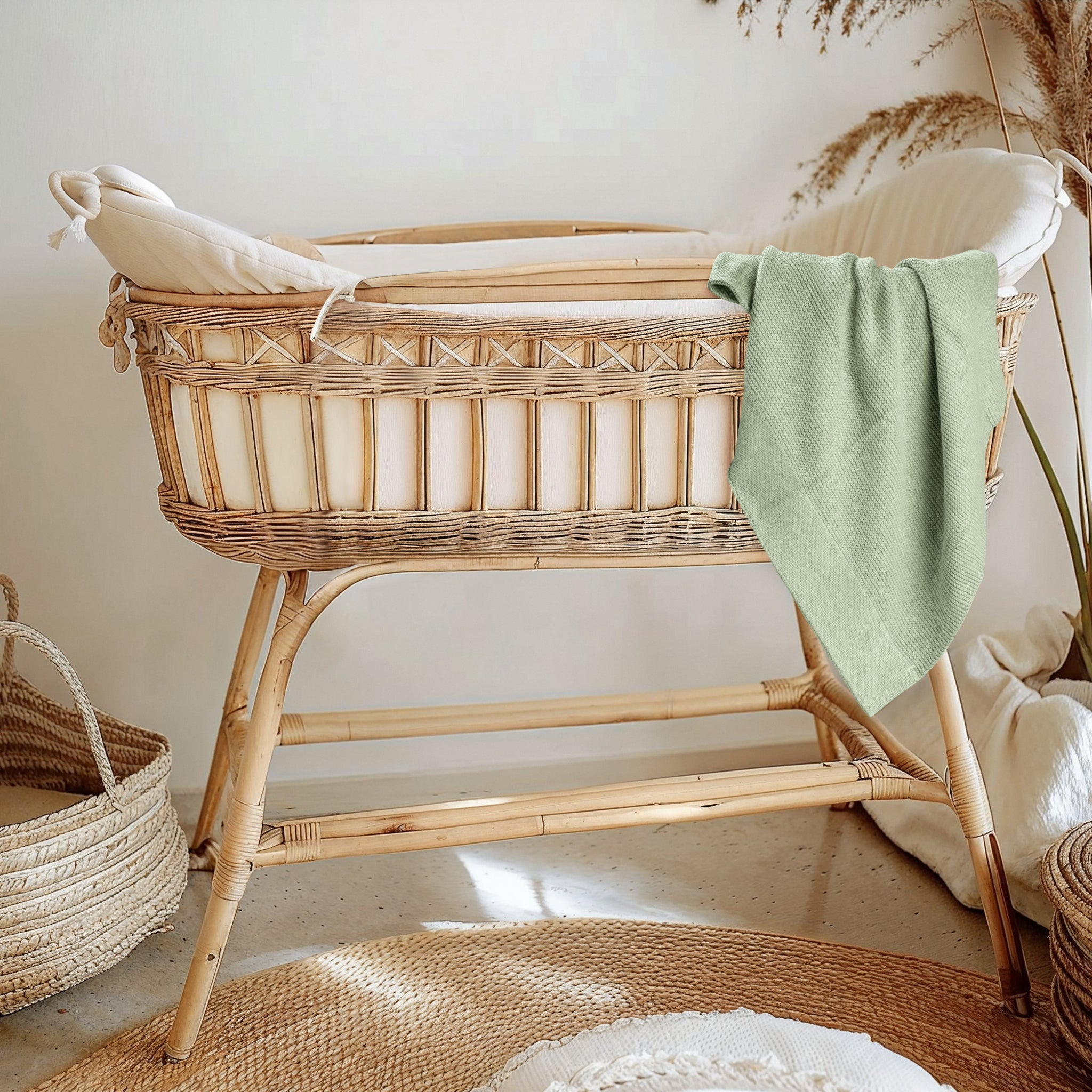 Soft willow green cotton knit baby blanket folded display
