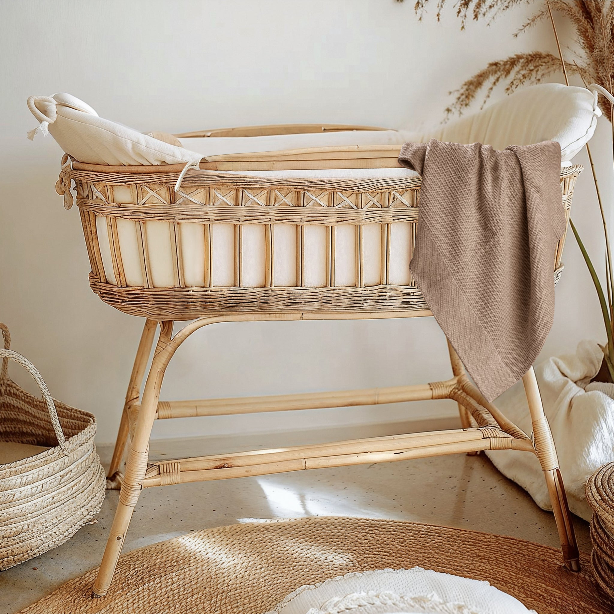 Mocha cotton knit baby blanket draped softly showing texture detail