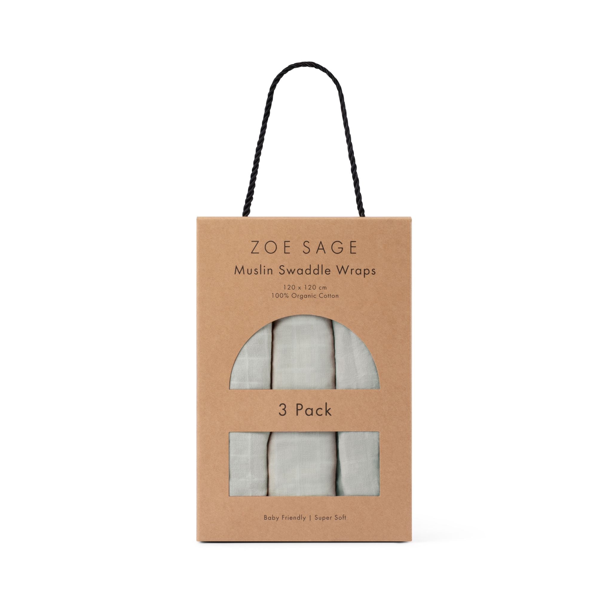 Three organic cotton sage green muslin swaddles folded neatly by Zoe Sage