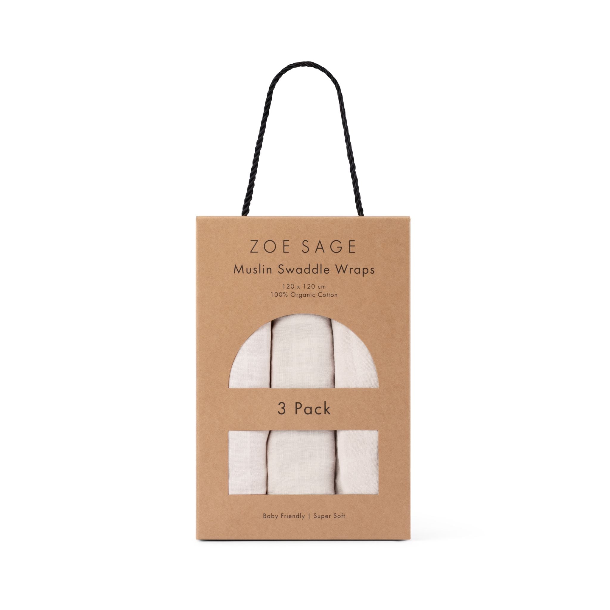 Three folded organic cotton muslin swaddles in oat colour by Zoe Sage