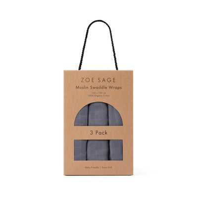 Three organic cotton muslin swaddles in storm grey by Zoe Sage