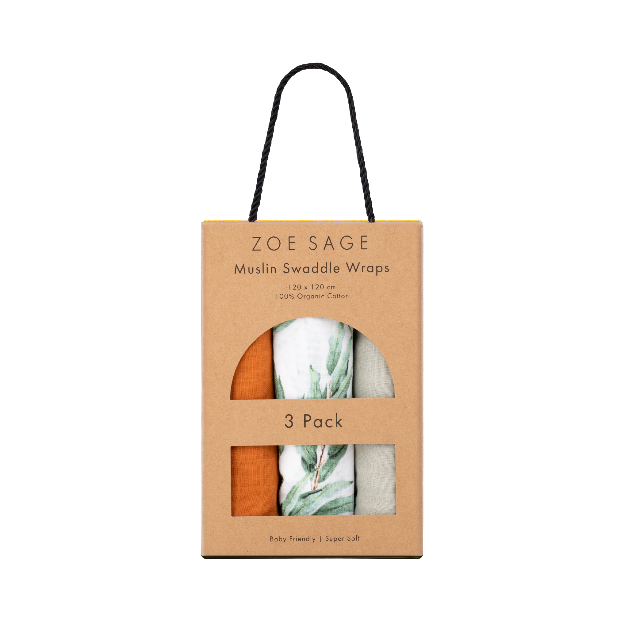 Three organic cotton muslin swaddles in eucalyptus dawn by Zoe Sage