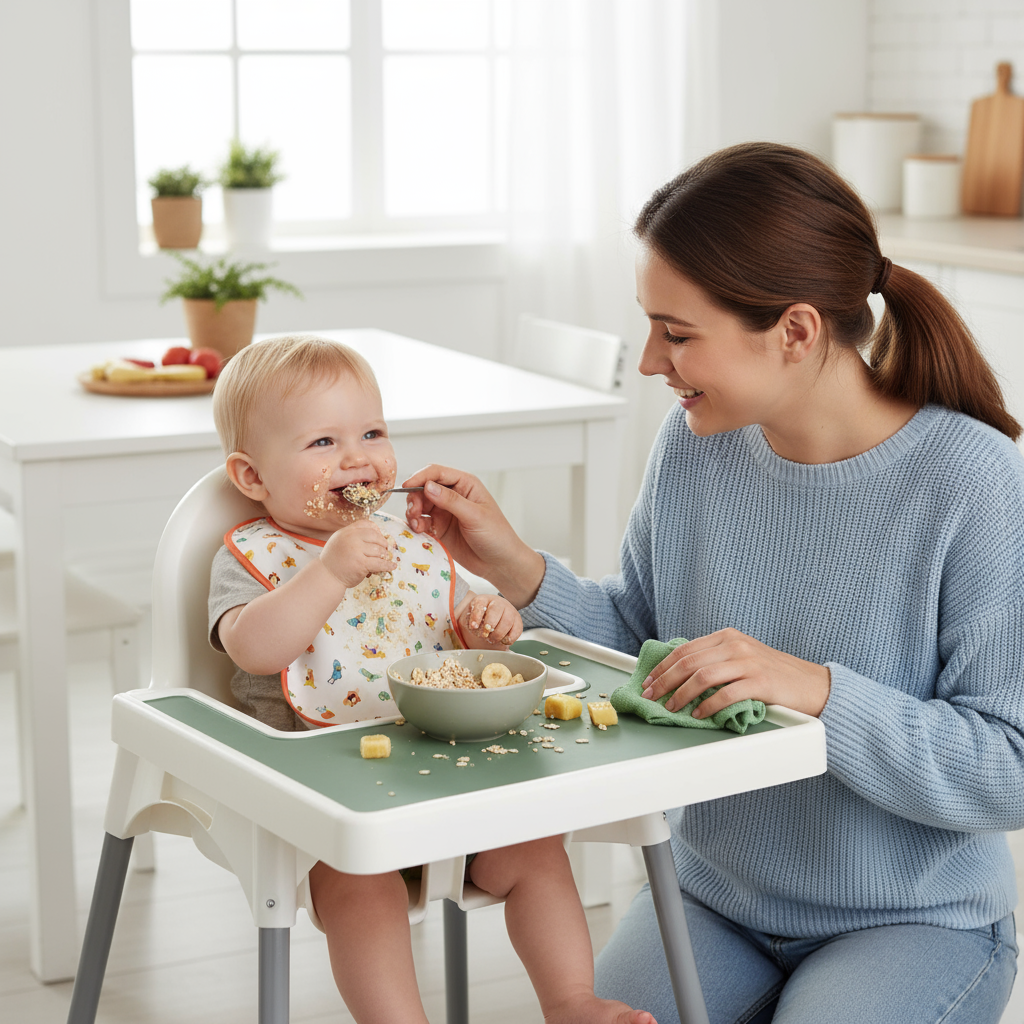 Green silicone placemat attached to IKEA highchair for baby feeding