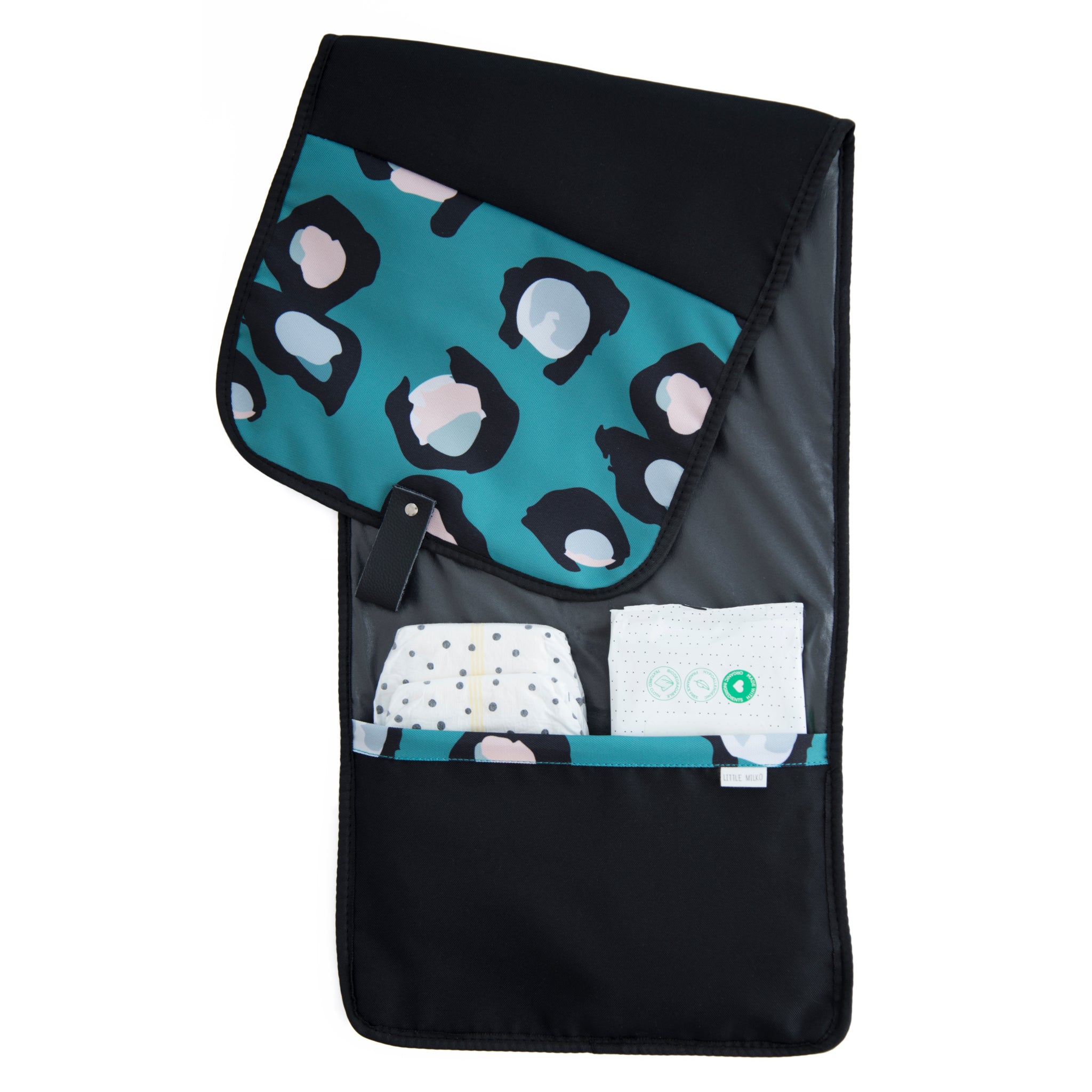 Green portable nappy change clutch laid flat on white background