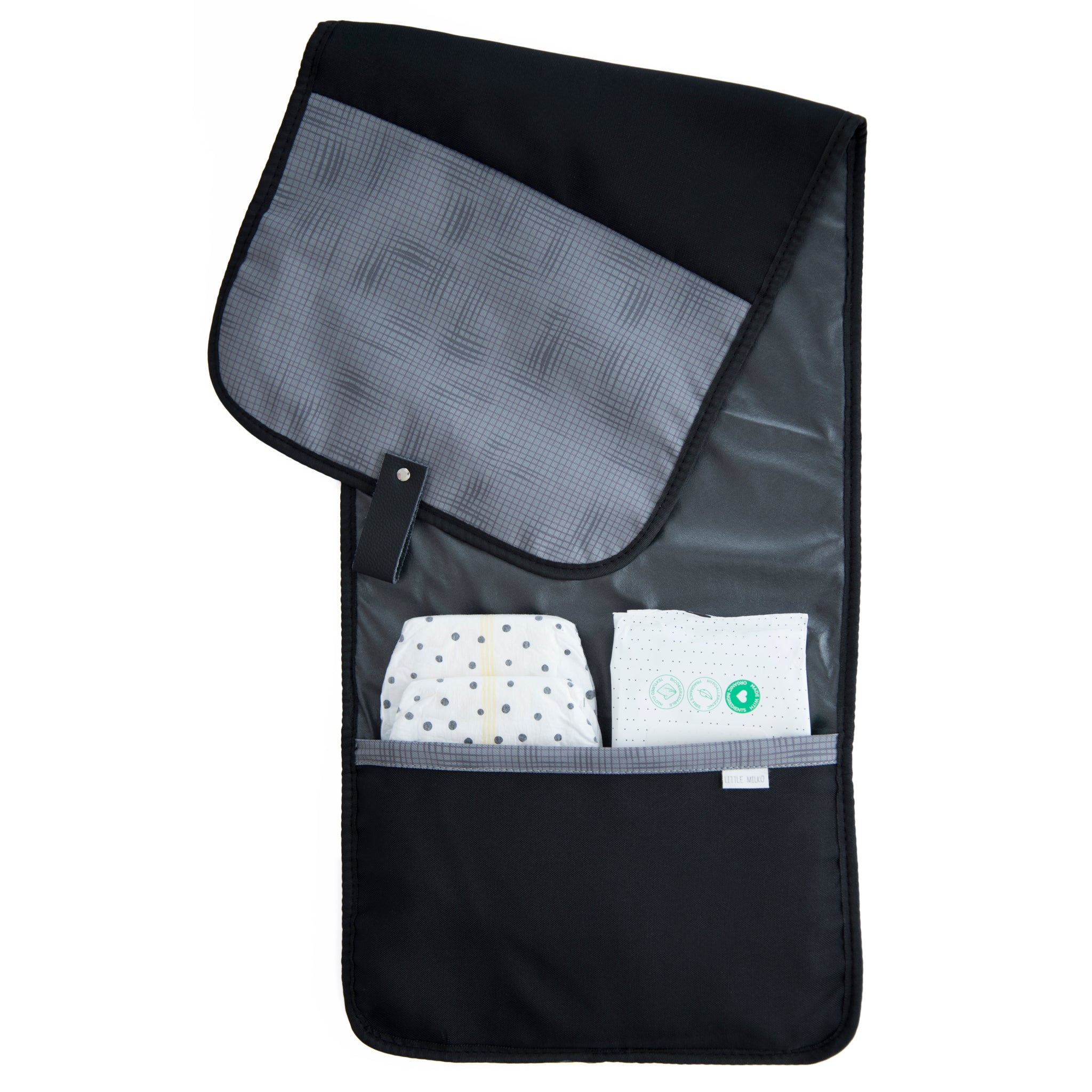 Gridlock grey portable nappy change clutch laid flat showing compact design