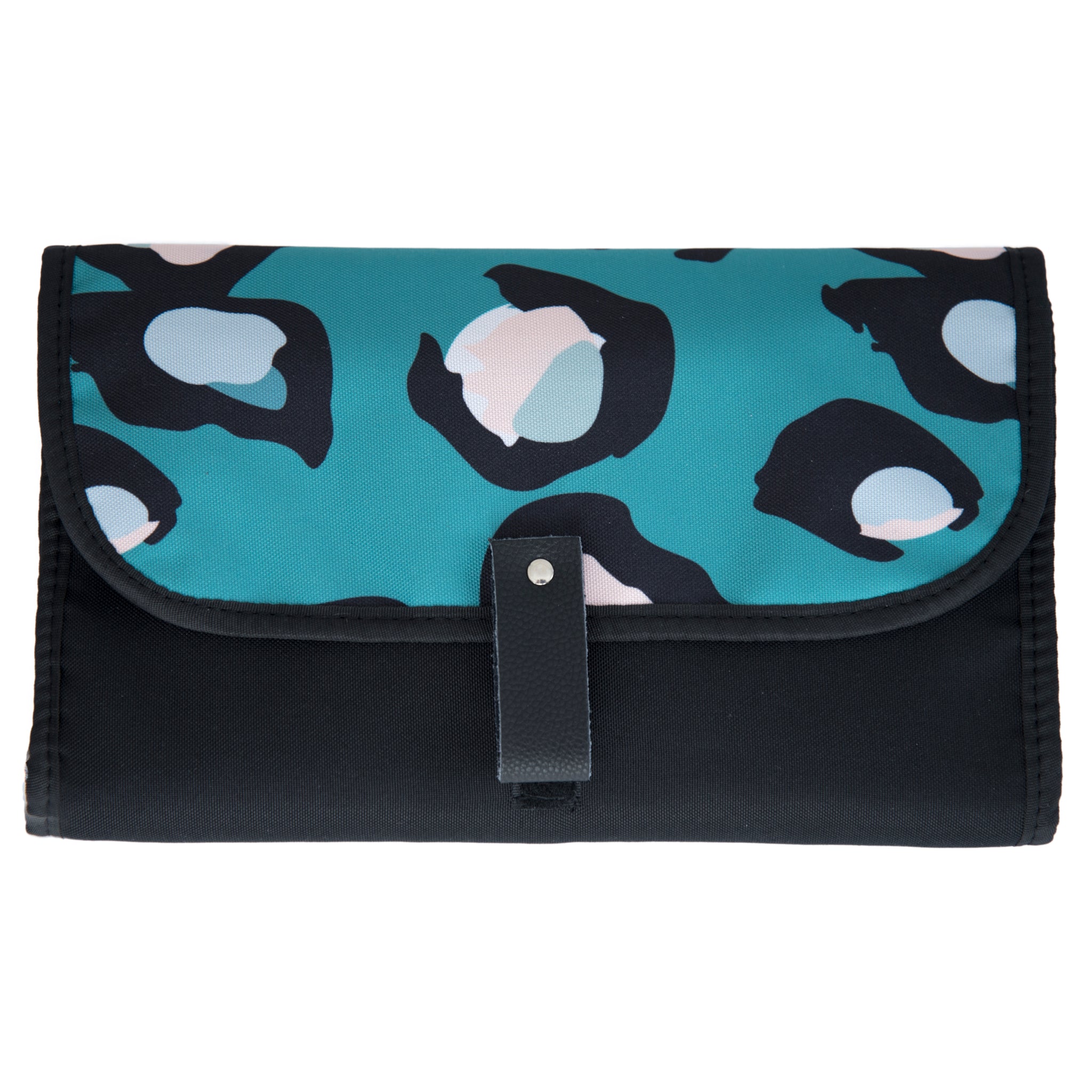 Green fabric nappy change clutch folded and displayed with contents