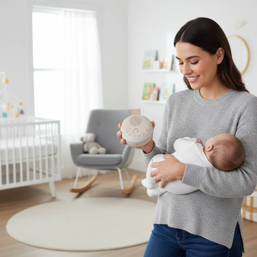 Portable white noise machine and night light in sandrift color on nursery bedside table
