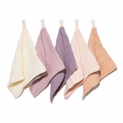 Five soft organic muslin baby wash cloths in lavender blush by Zoe Sage