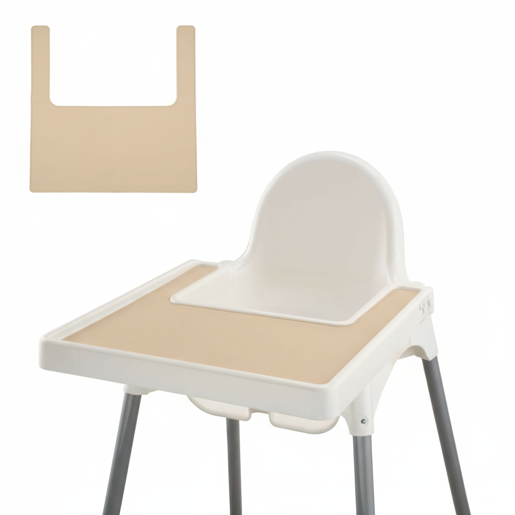 Beige silicone placemat designed for IKEA highchairs by Zoe Sage