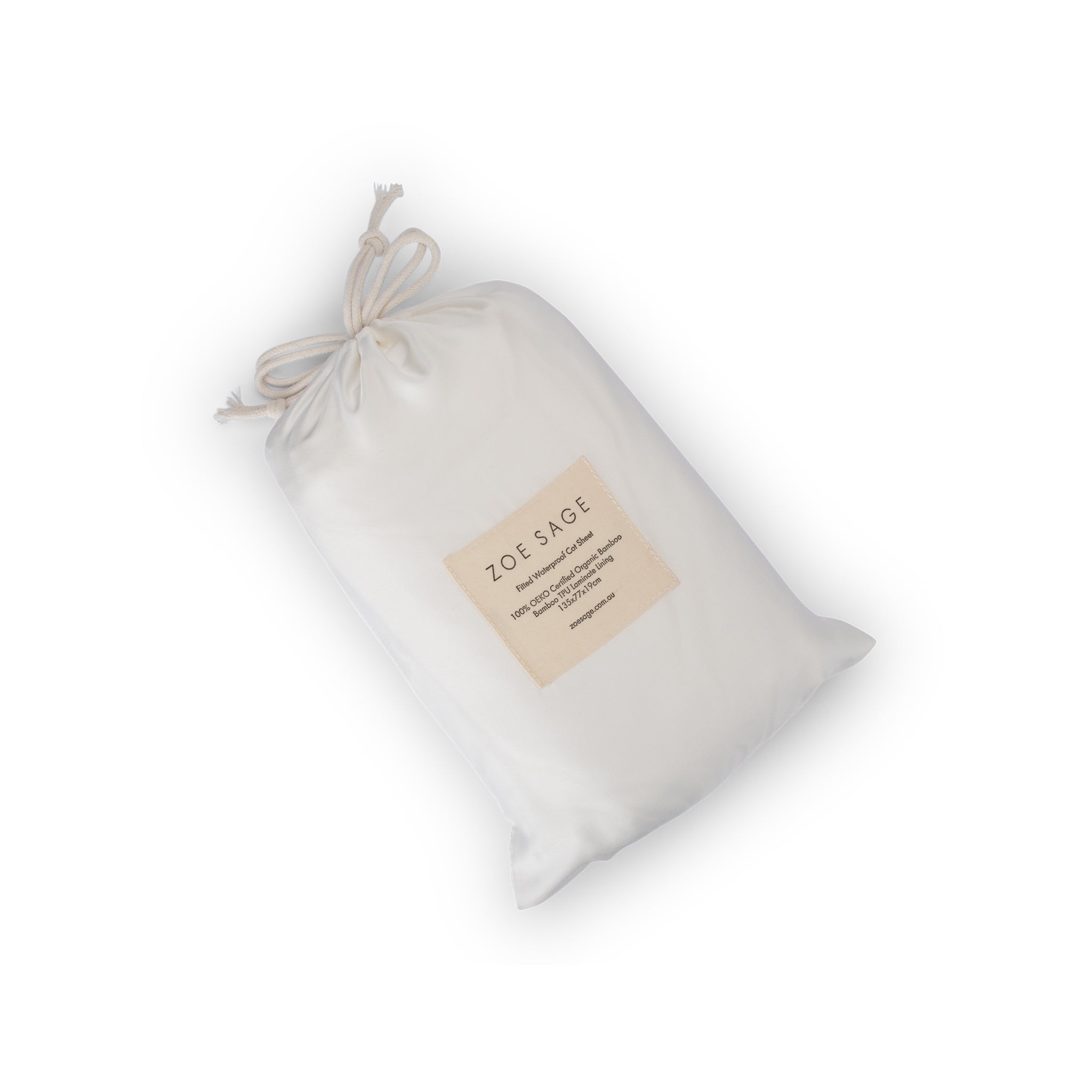 White waterproof fitted cot sheet displayed flat on white background