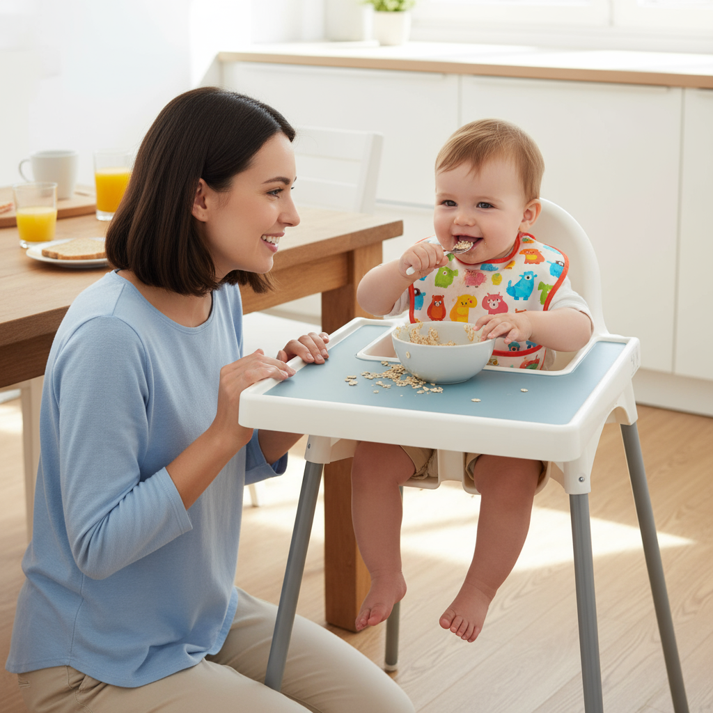 Blue silicone placemat designed for IKEA highchair feeding time
