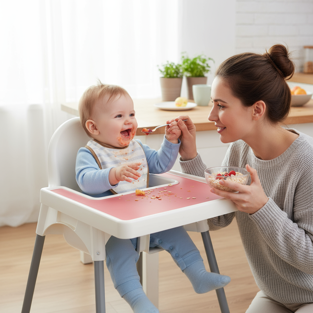 Pink silicone placemat designed for IKEA highchair feeding surfaces