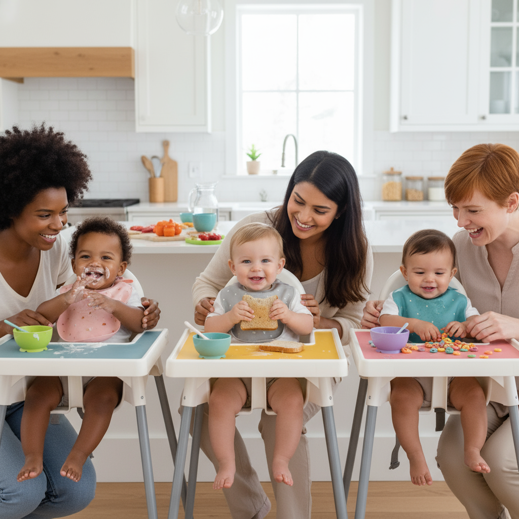 Baby in a highchair using a silicone feeding set on an Ikea-compatible placemat with a bento box nearby
