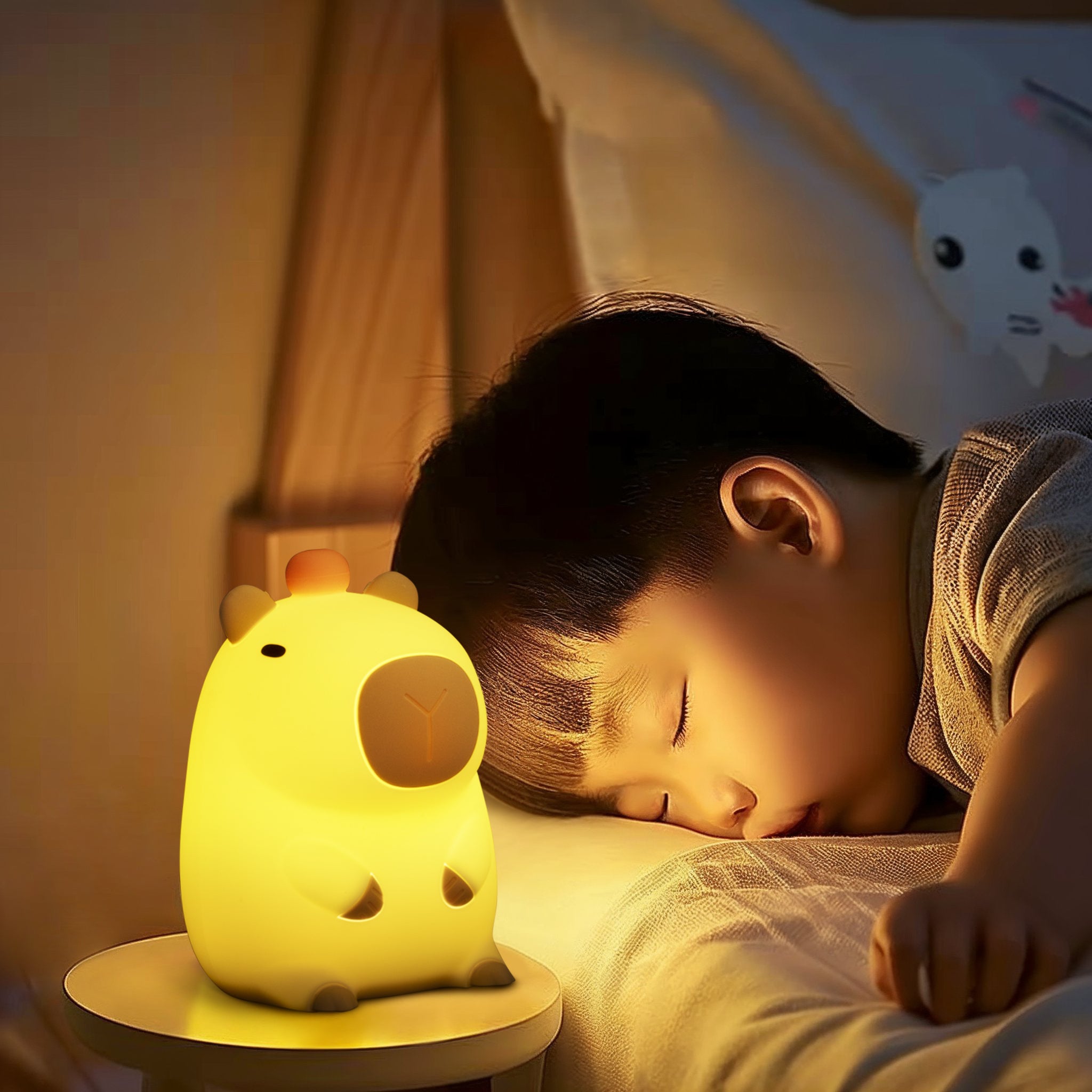 Soft capybara shaped LED night light with touch control and USB charging cable