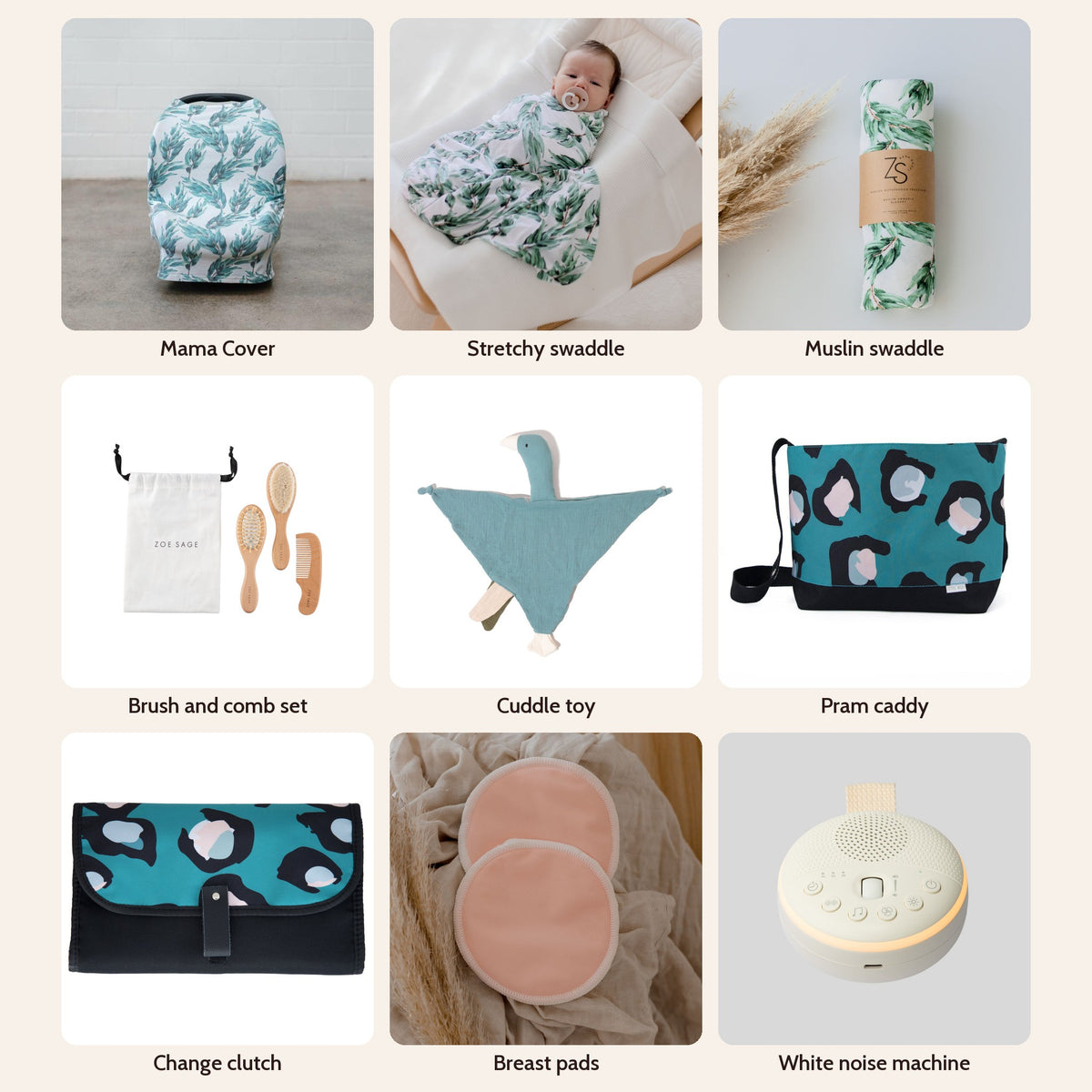 New Mum Hamper Big Box in Blue Gum Leaf: Multi-Use Nursing & Breastfeeding Cover - Blue Gum Leaf, Stretchy Baby Swaddle Wrap - Blue Gum Leaf, Organic Cotton Muslin Swaddle Wrap - Blue Gum Leaf, Baby Brush & Comb Set, Goose Comforter Baby Security Blanket, Pram Bag Caddy Organiser, Portable Nappy Change Clutch, Washable Bamboo Nursing Pads (8pk), Portable Baby White Noise Machine & Night Light