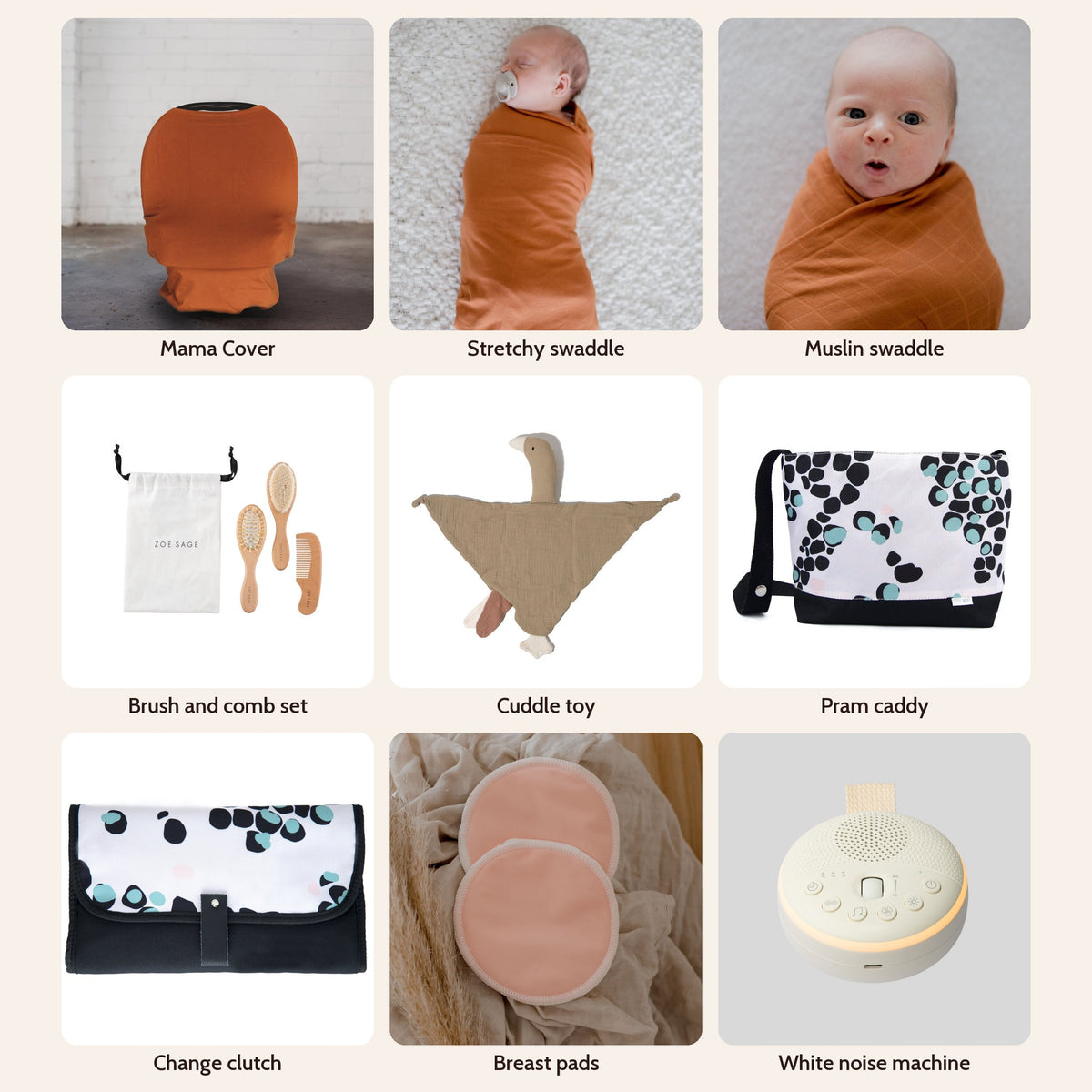 New Mum Hamper Big Box in Savannah Rust: Multi-Use Nursing & Breastfeeding Cover - Savannah Rust, Stretchy Baby Swaddle Wrap - Savannah Rust, Organic Cotton Muslin Swaddle Wrap - Savannah Rust, Baby Brush & Comb Set, Goose Comforter Baby Security Blanket, Pram Bag Caddy Organiser, Portable Nappy Change Clutch, Washable Bamboo Nursing Pads (8pk), Portable Baby White Noise Machine & Night Light