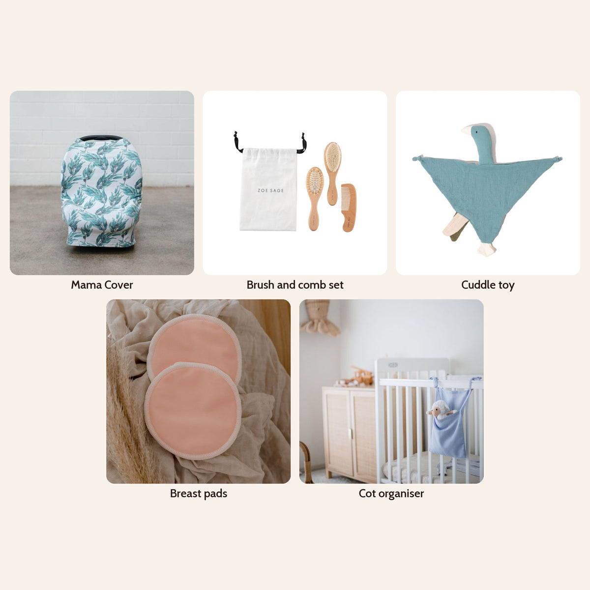 New Mum Hamper Little Box in Blue Gum Leaf: Multi-Use Nursing & Breastfeeding Cover - Blue Gum Leaf, Baby Brush & Comb Set, Goose Comforter Baby Security Blanket, Washable Bamboo Nursing Pads (8pk), Linen Cot Organiser