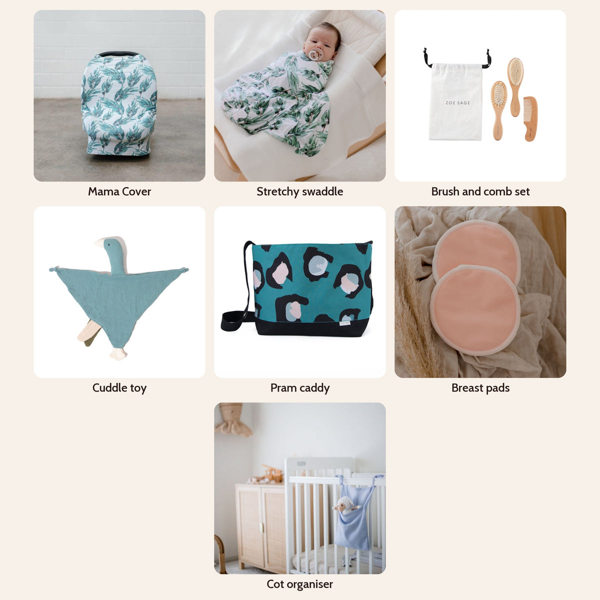 New Mum Hamper Matching Box in Blue Gum Leaf: Multi-Use Nursing & Breastfeeding Cover - Blue Gum Leaf, Stretchy Baby Swaddle Wrap - Blue Gum Leaf, Baby Brush & Comb Set, Goose Comforter Baby Security Blanket, Pram Bag Caddy Organiser, Washable Bamboo Nursing Pads (8pk), Linen Cot Organiser
