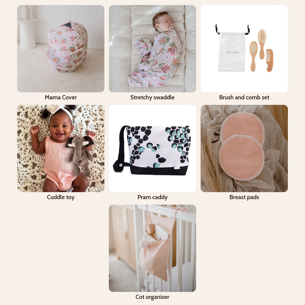 New Mum Hamper Matching Box in Gumnut Blossoms: Multi-Use Nursing & Breastfeeding Cover - Gumnut Blossoms, Stretchy Baby Swaddle Wrap - Gumnut Blossoms, Baby Brush & Comb Set, Soft Plush Animal Children Toy, Pram Bag Caddy Organiser, Washable Bamboo Nursing Pads (8pk), Linen Cot Organiser