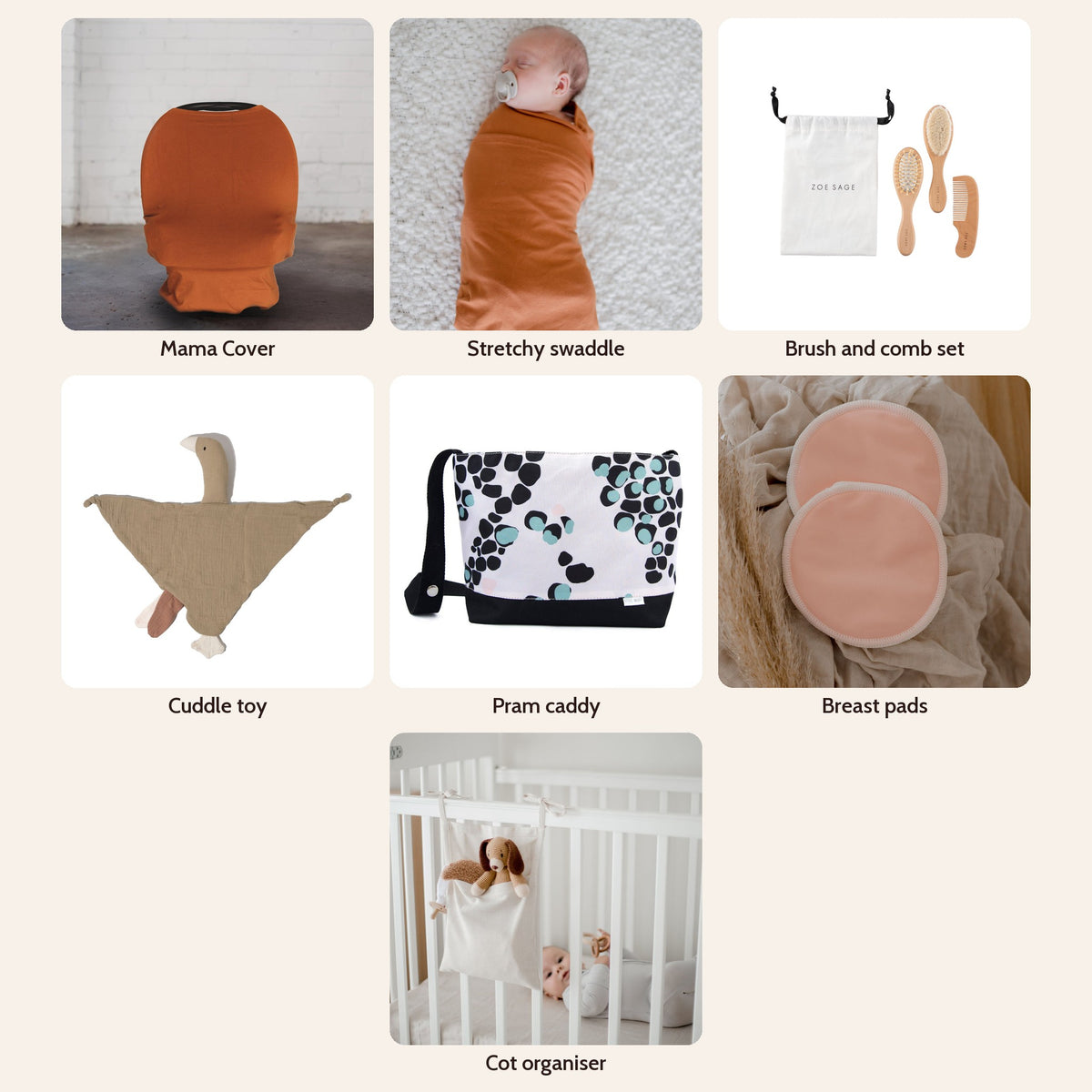 New Mum Hamper Matching Box in Savannah Rust: Multi-Use Nursing & Breastfeeding Cover - Savannah Rust, Stretchy Baby Swaddle Wrap - Savannah Rust, Baby Brush & Comb Set, Goose Comforter Baby Security Blanket, Pram Bag Caddy Organiser, Washable Bamboo Nursing Pads (8pk), Linen Cot Organiser