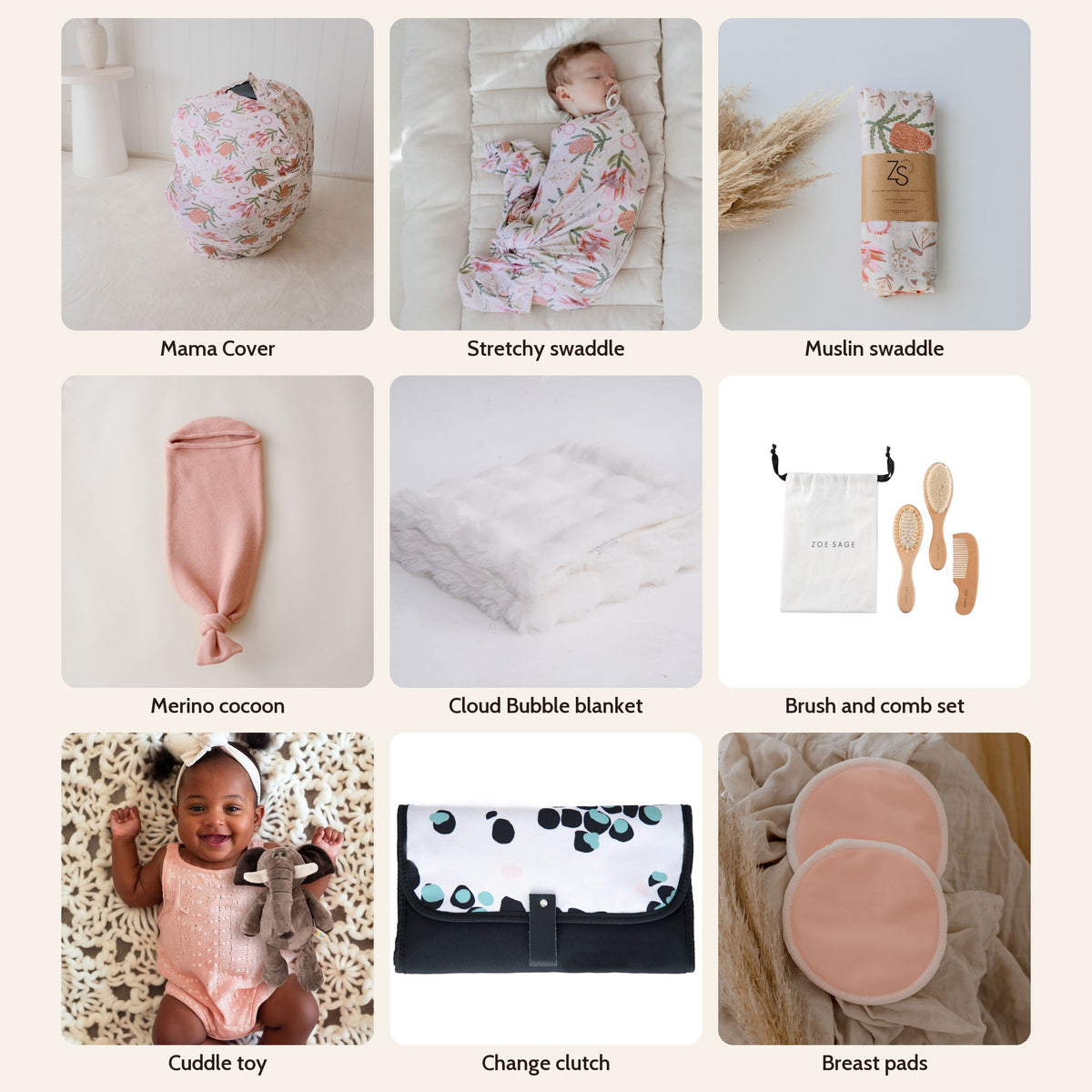 New Mum Hamper The Lot in Gumnut Blossoms: Multi-Use Nursing & Breastfeeding Cover - Gumnut Blossoms, Stretchy Baby Swaddle Wrap - Gumnut Blossoms, Organic Cotton Muslin Swaddle Wrap - Gumnut Blossoms, Baby Brush & Comb Set, Soft Plush Animal Children Toy, Portable Nappy Change Clutch, Washable Bamboo Nursing Pads (8pk), Merino Wool Newborn Cocoon Baby Wrap, Cloud Bubble Baby Blanket