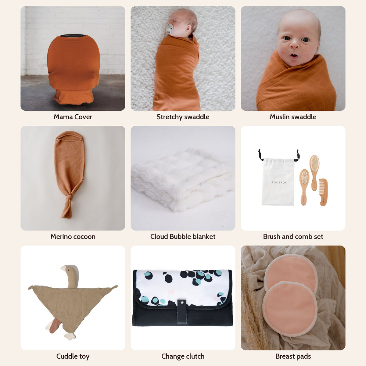 New Mum Hamper The Lot in Savannah Rust: Multi-Use Nursing & Breastfeeding Cover - Savannah Rust, Stretchy Baby Swaddle Wrap - Savannah Rust, Organic Cotton Muslin Swaddle Wrap - Savannah Rust, Baby Brush & Comb Set, Goose Comforter Baby Security Blanket, Portable Nappy Change Clutch, Washable Bamboo Nursing Pads (8pk), Merino Wool Newborn Cocoon Baby Wrap, Cloud Bubble Baby Blanket