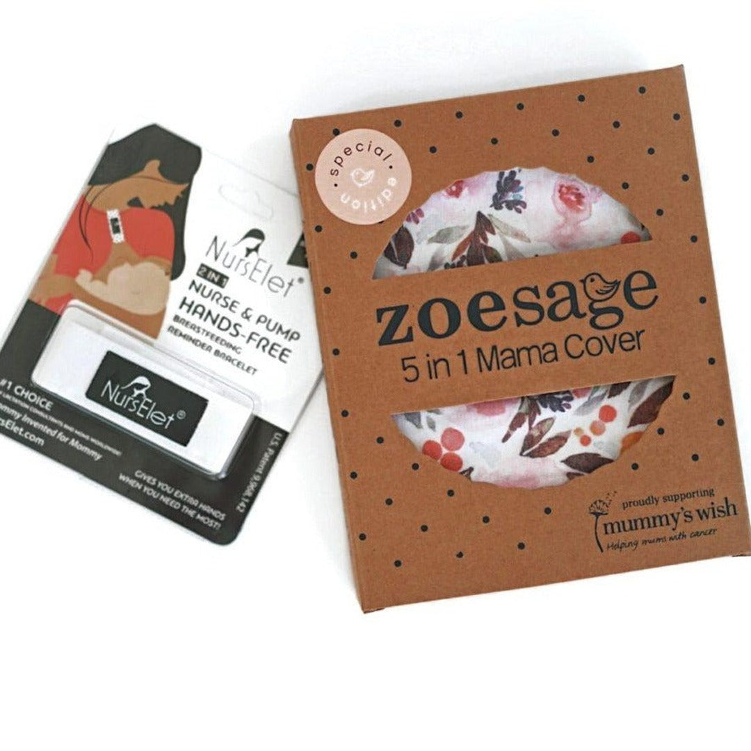 Zoe Sage 5-in-1 Mama Cover box beside a Nurselet hands-free nursing bracelet in its packaging