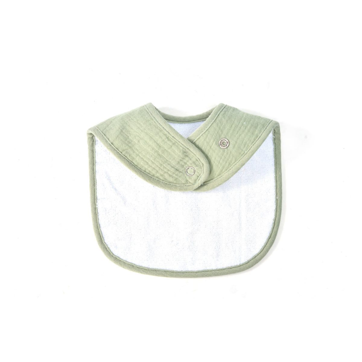 Organic muslin baby bib fastened at the neck showing the snap closure